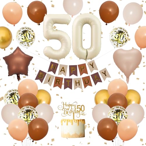 Dekoration zum 50. Geburtstag, Sand, Weiß, Braun, Gold, neutrale Zahl 50, Ballon für Frauen, Happy Birthday-Banner, hautbraun, hellbraun, Stern-Herz-Ballons, Kuchenaufsatz für 50 Jahre alte Dekoration Dekoration zum 50. Geburtstag, Sand, Weiß, Braun, Gold, neutrale Zahl 50, Ballon für Frauen, Happy Birthday-Banner, hautbraun, hellbraun, Stern-Herz-Ballons, Kuchenaufsatz für 50 Jahre alte Dekoration von Vibzox