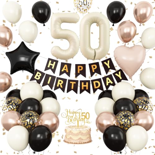 Dekoration zum 50. Geburtstag, Sand, Weiß, Schwarz, Gold, neutraler Ballon mit Zahl 50, für Männer und Frauen, Happy Birthday-Banner mit Folienstern, Herzballons, Tortenaufsatz für 50 Jahre alte Party Dekoration zum 50. Geburtstag, Sand, Weiß, Schwarz, Gold, neutraler Ballon mit Zahl 50, für Männer und Frauen, Happy Birthday-Banner mit Folienstern, Herzballons, Tortenaufsatz für 50 Jahre alte Party von Vibzox