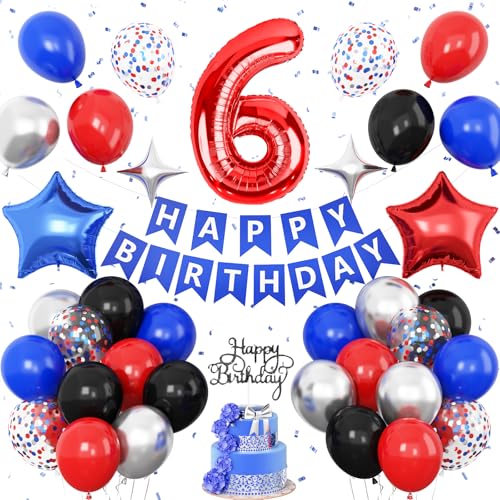 Dekoration zum 6. Geburtstag, Rot, Schwarz, Blau, Metallic, Silber, Blau, Rot, Party-Ballons, Stern-Folienballons, Banner, Kuchendekoration, Helden-Thema, Geburtstagsparty-Dekoration für 6-jährige Dekoration zum 6. Geburtstag, Rot, Schwarz, Blau, Metallic, Silber, Blau, Rot, Party-Ballons, Stern-Folienballons, Banner, Kuchendekoration, Helden-Thema, Geburtstagsparty-Dekoration für 6-jährige von Vibzox