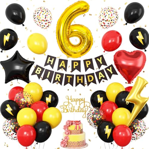 Dekoration zum 6. Geburtstag für Jungen, rot, schwarz, gelb, Geburtstagsballon für Kinder, Blitzdruck, Zahl 6, Luftballons, Banner, Kuchendekoration, für Jungen und Mädchen, 6 Jahre, Party-Dekoration Dekoration zum 6. Geburtstag für Jungen, rot, schwarz, gelb, Geburtstagsballon für Kinder, Blitzdruck, Zahl 6, Luftballons, Banner, Kuchendekoration, für Jungen und Mädchen, 6 Jahre, Party-Dekoration von Vibzox