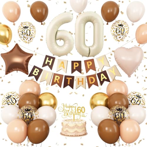 Dekoration zum 60. Geburtstag für Frauen, Sand, Weißgold, Luftballons, neutrale Zahl 60, Happy Birthday-Banner mit hautbrauner hellbrauner Folie, Stern-Herz-Ballons, Kuchendekoration Dekoration zum 60. Geburtstag für Frauen, Sand, Weißgold, Luftballons, neutrale Zahl 60, Happy Birthday-Banner mit hautbrauner hellbrauner Folie, Stern-Herz-Ballons, Kuchendekoration von Vibzox
