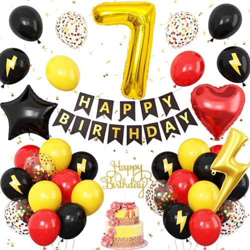 Dekoration zum 7. Geburtstag für Jungen, rot, schwarz, gelb, Geburtstagsballon für Kinder, Blitzdruck, Zahl 7, Banner, Kuchendekoration, für Jungen und Mädchen, 7 Jahre, Party-Dekoration von Vibzox