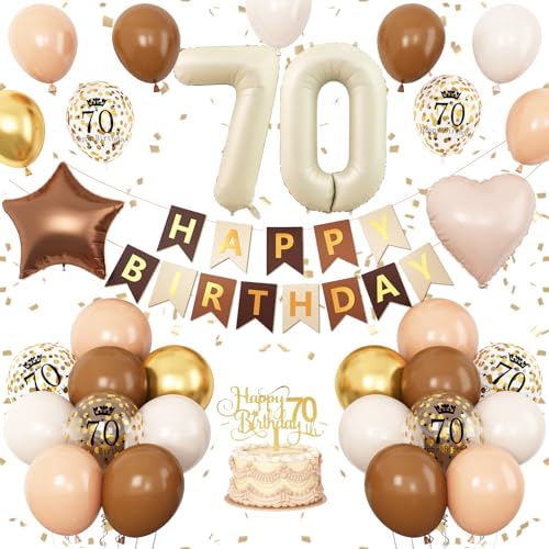 Dekoration zum 70. Geburtstag für Frauen, Sand, Weißgold, Luftballons, neutrale Zahl 70, Happy Birthday-Banner mit hautbrauner, hellbrauner Folie, Stern-Herz-Luftballons, Kuchendekoration Dekoration zum 70. Geburtstag für Frauen, Sand, Weißgold, Luftballons, neutrale Zahl 70, Happy Birthday-Banner mit hautbrauner, hellbrauner Folie, Stern-Herz-Luftballons, Kuchendekoration von Vibzox