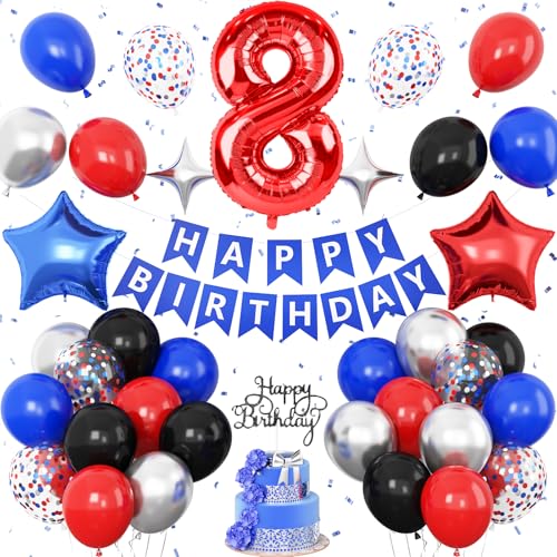 Dekoration zum 8. Geburtstag, Rot, Schwarz, Blau, Partyballons für Jungen, Kinder, Zahl 8, Luftballon, Sterne, Folienballons, Banner, Kuchendekoration, Helden-Thema, Geburtstagsparty-Dekoration von Vibzox