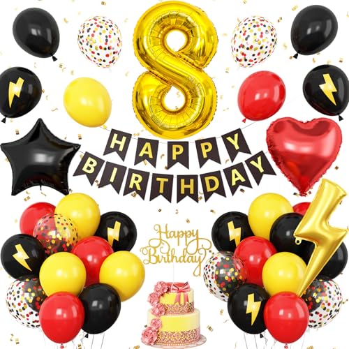 Dekoration zum 8. Geburtstag, Rot, Schwarz, Gelb, 8. Cartoon-Geburtstagsballon für Kinder, Blitzdruck, Zahl 8, Luftballons, Banner, Kuchendekoration, für Jungen und Mädchen Dekoration zum 8. Geburtstag, Rot, Schwarz, Gelb, 8. Cartoon-Geburtstagsballon für Kinder, Blitzdruck, Zahl 8, Luftballons, Banner, Kuchendekoration, für Jungen und Mädchen von Vibzox