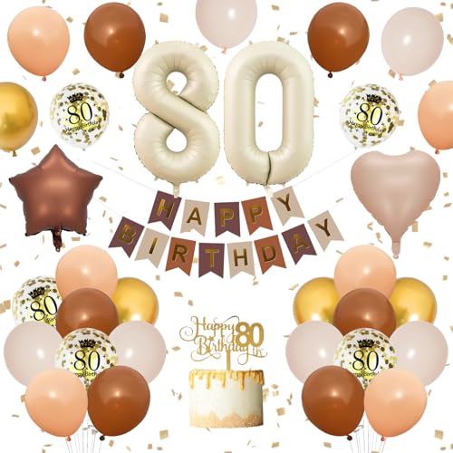 Dekoration zum 80. Geburtstag für Frauen, Sand, Weißgold, Luftballons, neutrale Zahl 80, Happy Birthday-Banner mit hautbrauner hellbrauner Folie, Stern-Herz-Ballons, Kuchendekoration Dekoration zum 80. Geburtstag für Frauen, Sand, Weißgold, Luftballons, neutrale Zahl 80, Happy Birthday-Banner mit hautbrauner hellbrauner Folie, Stern-Herz-Ballons, Kuchendekoration von Vibzox
