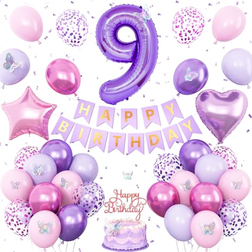 Dekoration zum 9. Geburtstag für Mädchen, rosa lila Schmetterling Geburtstagsdekorationen rosa lila Banner Nummer 9 Luftballons Kuchenaufsatz Schmetterling Partyzubehör für Mädchen von Vibzox