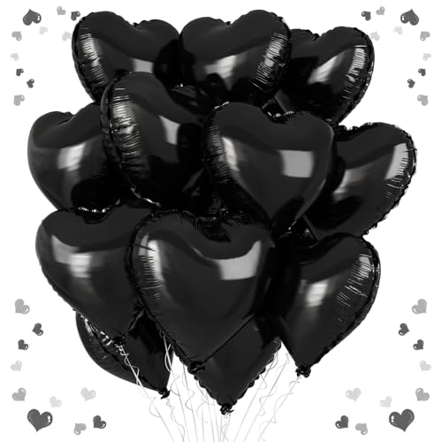 Schwarze Herz-Luftballons, 45,7 cm, schwarzer Herz-Ballon, 12 Stück, große Helium-Folie, romantische Ballons für Geburtstag, Abschlussfeier, Hochzeit, Braut, Verlobung, Party, Jahrestag, Dekoration von Vibzox