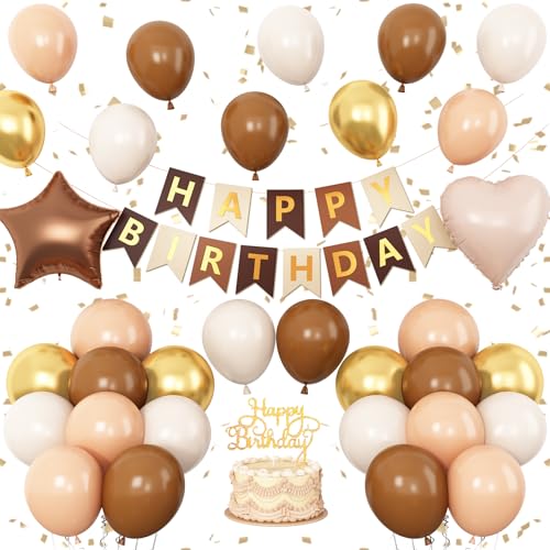 Geburtstagsdekoration, Motiv: weißer Sand, Gold, Braun, Nude, Aprikose, braun, hellbraun, Stern-Herz-Luftballons, Happy Birthday-Banner, Kuchendekoration, Boho-Party-Dekoration für Männer, Frauen Geburtstagsdekoration, Motiv: weißer Sand, Gold, Braun, Nude, Aprikose, braun, hellbraun, Stern-Herz-Luftballons, Happy Birthday-Banner, Kuchendekoration, Boho-Party-Dekoration für Männer, Frauen von Vibzox
