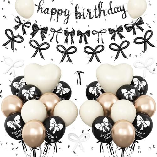 Geburtstagsdekoration, Schleife, Kokette, Party-Dekorationen mit "Happy Birthday"-Banner, schwarz, gold, sand, weiß, Schleife, Luftballons, Herz-Folienballons für Mädchen und Frauen von Vibzox