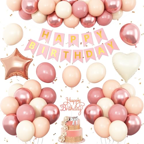 Geburtstagsdekoration, rotgoldener Sand, Boho-Luftballons, Dekoration, Happy Birthday-Banner, Tortenaufsatz, Stern-Herz, Folienballon für Frauen, Mädchen, Babyparty von Vibzox