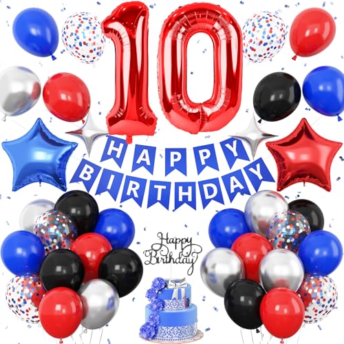 Geburtstagsdekorationen zum 10. Geburtstag, für Jungen, Metallic-Silber, Blau, Rot, 10. Party-Luftballons, Stern-Folienballons, Banner, Kuchendekoration, Helden-Thema, Geburtstagsparty-Dekoration Geburtstagsdekorationen zum 10. Geburtstag, für Jungen, Metallic-Silber, Blau, Rot, 10. Party-Luftballons, Stern-Folienballons, Banner, Kuchendekoration, Helden-Thema, Geburtstagsparty-Dekoration von Vibzox