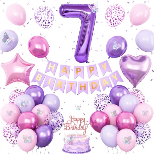 Geburtstagsdekorationen zum 7. Geburtstag, rosa und lila, 7. Geburtstag für Mädchen, Lavendel, Party-Dekoration, Geburtstagsbanner Nummer 7, Luftballons, Kuchendekoration von Vibzox