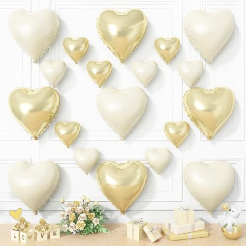 Herzballons in Champagnerfarben, goldfarben, cremefarben, 19 Stück, 45,7 cm mit 25,4 cm beigefarbenem Folien-Herzballon, Mylar-Ballon für Geburtstag, Hochzeit, Brautparty, Jahrestag, Dekoration Herzballons in Champagnerfarben, goldfarben, cremefarben, 19 Stück, 45,7 cm mit 25,4 cm beigefarbenem Folien-Herzballon, Mylar-Ballon für Geburtstag, Hochzeit, Brautparty, Jahrestag, Dekoration von Vibzox