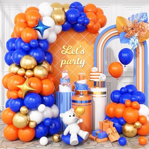 Luftballons Bogen Kit, Blau Orange und Weiß Ballongirlande mit Metallic Gold Ballons Stern Folienballon für Geburtstag Abschlussfeier Baby Shower Baseball Hochzeit Party Dekorationen von Vibzox