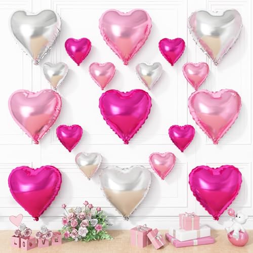 Luftballons in Herzform, rosa, silberfarben, 45,7 cm, mit 25,4 cm großem, silberfarbenem und pinkem Helium-Mylar-Ballon für Geburtstag, Brautparty, Hochzeit, Valentinstag, Dekoration, 19 Stück Luftballons in Herzform, rosa, silberfarben, 45,7 cm, mit 25,4 cm großem, silberfarbenem und pinkem Helium-Mylar-Ballon für Geburtstag, Brautparty, Hochzeit, Valentinstag, Dekoration, 19 Stück von Vibzox