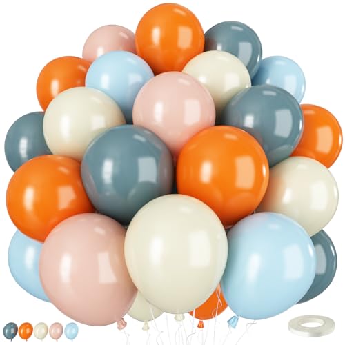 Orangefarbene und blaue Luftballons, Boho-Ballons im Retro-Stil, Orange, Elfenbein, Weiß, Pastellblau, Latex-Ballon für Jungen, Mädchen, Geburtstag, Babyparty, Hochzeit, Verlobung, Party, Dekoration von Vibzox