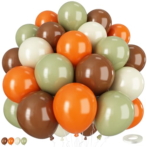 Luftballons in Salbeigrün und Braun, 50 Stück, 30,5 cm, Boho-Ballons mit Retro-Olivgrün, Orange, Cremeweiß, Latex-Ballon für Dschungel, Safari, Wildwald, Geburtstag, Hochzeit, neutrale von Vibzox