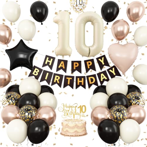 Luftballons zum 10. Geburtstag, Schwarz / Weiß / Champagner, Gold, neutraler Ballon mit Zahl 10, Happy Birthday-Banner mit Folienstern-Herz-Luftballons, Kuchenaufsatz für 10 Jahre alte Mädchen Jungen Luftballons zum 10. Geburtstag, Schwarz / Weiß / Champagner, Gold, neutraler Ballon mit Zahl 10, Happy Birthday-Banner mit Folienstern-Herz-Luftballons, Kuchenaufsatz für 10 Jahre alte Mädchen Jungen von Vibzox