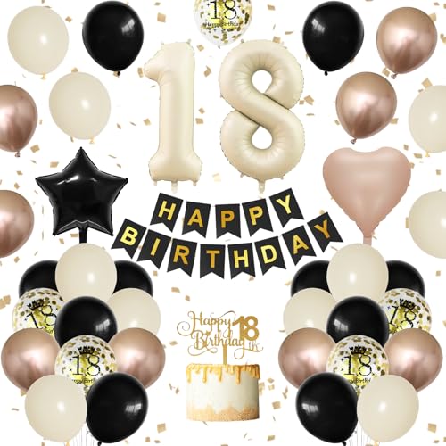 Luftballons zum 18. Geburtstag, Schwarz / Weiß / Champagner / Gold, neutrale Zahl 18, Happy Birthday-Banner mit Folienstern-Herz-Ballons, Kuchenaufsatz für 18-jährige Mädchen, Jungen, Party Luftballons zum 18. Geburtstag, Schwarz / Weiß / Champagner / Gold, neutrale Zahl 18, Happy Birthday-Banner mit Folienstern-Herz-Ballons, Kuchenaufsatz für 18-jährige Mädchen, Jungen, Party von Vibzox