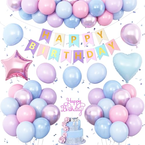 Rosa Lila Blau Geburtstagsdekorationen, Pastellballon-Dekoration, Happy Birthday-Banner, Tortenaufsatz, Stern-Herz, Folienballon für Mädchen, Babyparty, Geschlechtsoffenbarung, Party von Vibzox