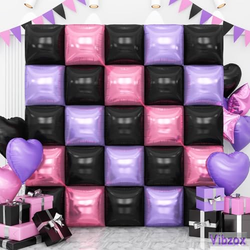 Rosa Lila Schwarz Doppelseitige Quadratische Folienballons Wand, Chrom Rosa Lila Folienballons Tunnel Bogen Kit für Mädchen Frauen Geburtstag Niedlich Anime Kawaii Cartoon Charakter Geburtstag Party von Vibzox