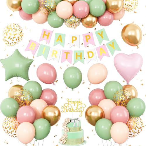 Rosa und grüne Geburtstagsdekorationen, salbeigrün, Retro-Luftballons, Dekoration, Happy Birthday-Banner, Stern-Herz, Folienballon, Kuchendekoration, Partyzubehör für Frauen, Mädchen, Jungen von Vibzox