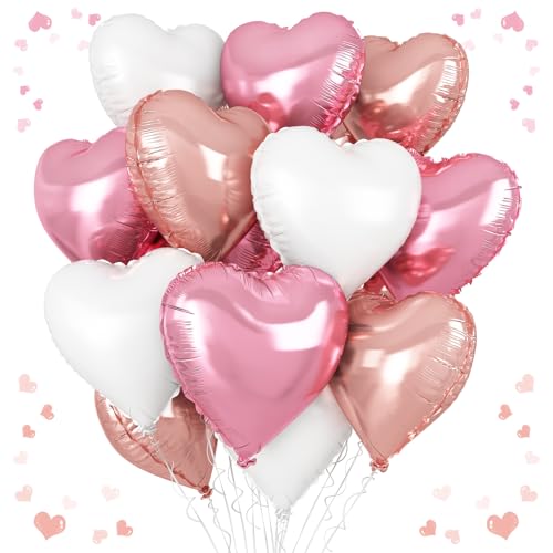 Rosa weiße Herzballons, 45,7 cm, weiß-rotgoldener Herzballon, 12 Stück rosa und rotgoldene Helium-Mylar-Herzballons für Geburtstag, Babyparty, Verlobung, Hochzeit, Valentinstag, Party-Dekoration Rosa weiße Herzballons, 45,7 cm, weiß-rotgoldener Herzballon, 12 Stück rosa und rotgoldene Helium-Mylar-Herzballons für Geburtstag, Babyparty, Verlobung, Hochzeit, Valentinstag, Party-Dekoration von Vibzox