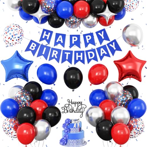 Rot/Schwarz/Blaue Geburtstagsdekorationen für Jungen, Metallic-Silber, Blau, Rot, Party-Luftballons, Stern-Folienballons, Banner, Kuchendekoration, Helden-Thema, Geburtstagsparty-Dekoration von Vibzox