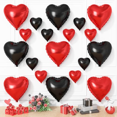 Rot-schwarze Herz-Luftballons, 19 Stück schwarze und rote Herzballons, 45,7 cm mit 25,4 cm großem, schwarzem, rotem Helium-Mylar-Herzballon für Geburtstag, Brautparty, Verlobung, Hochzeit von Vibzox