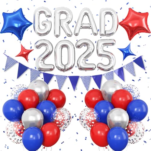 Rote und blaue Abschlussdekorationen Klasse 2025, Silber-Grad 2025 Luftballons mit roten blauen Stern-Folienballons, blau-silbernen Konfetti-Ballons und blauem Banner für Abschlussfeier 2025 Rote und blaue Abschlussdekorationen Klasse 2025, Silber-Grad 2025 Luftballons mit roten blauen Stern-Folienballons, blau-silbernen Konfetti-Ballons und blauem Banner für Abschlussfeier 2025 von Vibzox