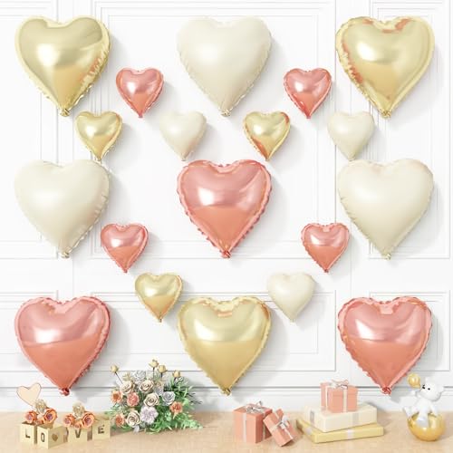 Rotgold-weiße Herzballons, 19 Stück, Champagner-Gold, Herzform, 45,7 cm mit 25,4 cm Gold- und Creme-Helium-Folie, Liebesballon für Mädchen, Geburtstag, Babyparty, Hochzeit, Muttertag, Dekoration Rotgold-weiße Herzballons, 19 Stück, Champagner-Gold, Herzform, 45,7 cm mit 25,4 cm Gold- und Creme-Helium-Folie, Liebesballon für Mädchen, Geburtstag, Babyparty, Hochzeit, Muttertag, Dekoration von Vibzox