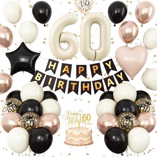Sandweiß-Schwarz-Gold, Dekoration zum 60. Geburtstag, neutraler Ballon mit Zahl 60, für Männer und Frauen, Happy Birthday-Banner mit Folienstern-Herz-Luftballons, Kuchenaufsatz für 60-jährige Party Sandweiß-Schwarz-Gold, Dekoration zum 60. Geburtstag, neutraler Ballon mit Zahl 60, für Männer und Frauen, Happy Birthday-Banner mit Folienstern-Herz-Luftballons, Kuchenaufsatz für 60-jährige Party von Vibzox