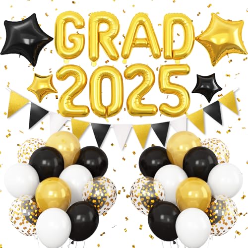 Schwarz Gold Graduation Dekorationen Klasse 2025, Gold Grad 2025 Luftballons und Stern Folienballons, Gold Weiß und Schwarz Konfetti Ballons mit Gold Schwarz Banner für 2025 Graduation Theme Party Schwarz Gold Graduation Dekorationen Klasse 2025, Gold Grad 2025 Luftballons und Stern Folienballons, Gold Weiß und Schwarz Konfetti Ballons mit Gold Schwarz Banner für 2025 Graduation Theme Party von Vibzox