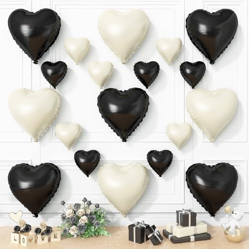 Schwarz-weiße Herz-Luftballons, 19 Stück, schwarz und cremeweiß, Herzform, 45,7 cm mit 25,4 cm weißem Sand, schwarzer Helium-Folie, Mylar-Ballon für Geburtstag, Babyparty, Brautparty, Hochzeit Schwarz-weiße Herz-Luftballons, 19 Stück, schwarz und cremeweiß, Herzform, 45,7 cm mit 25,4 cm weißem Sand, schwarzer Helium-Folie, Mylar-Ballon für Geburtstag, Babyparty, Brautparty, Hochzeit von Vibzox
