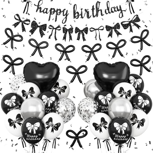 Schwarze Schleife, Geburtstagsdekoration, Schleife, Kokette, Party-Dekorationen mit Happy Birthday-Banner, schwarz, silber, weiß, Schleife, Luftballons, Herz-Folienballons für Mädchen und Frauen Schwarze Schleife, Geburtstagsdekoration, Schleife, Kokette, Party-Dekorationen mit Happy Birthday-Banner, schwarz, silber, weiß, Schleife, Luftballons, Herz-Folienballons für Mädchen und Frauen von Vibzox