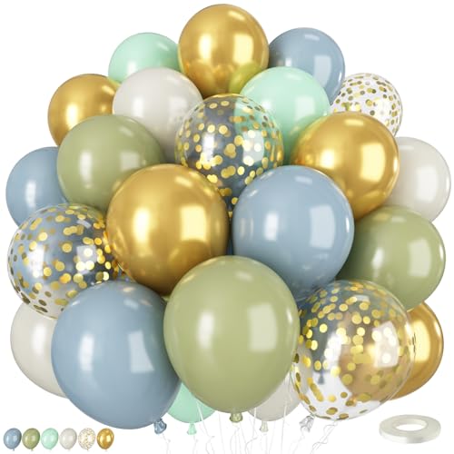 Staubige grüne blaue Luftballons, 50 Stück, 30,5 cm, Boho-Ballons mit Retro, Salbeigrün, Blau, Boho, Gold, Konfetti-Latex-Ballon für Hochzeit, neutrale Geburtstags-, Safari-, Babyparty-Dekoration, 50 von Vibzox