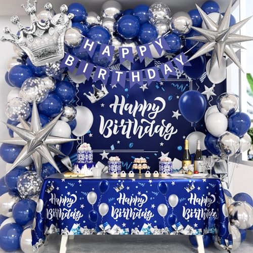 Blau und Silber Geburtstagsdekorationen, Blau Weiß Silber Luftballons Happy Birthday Banner Blau Tischdecke Hintergrund für Happy Birthday Dekorationen für Männer Blau und Silber Geburtstagsdekorationen, Blau Weiß Silber Luftballons Happy Birthday Banner Blau Tischdecke Hintergrund für Happy Birthday Dekorationen für Männer von Vicduotex