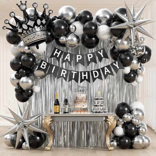 Schwarze Geburtstagsdekorationen für Männer mit weißen schwarzen und silbernen Luftballons Happy Birthday Banner Metallic Silber Fransenvorhang für 21. 25. 27. 30. 35. 40. 50. 60. Männer Schwarze Geburtstagsdekorationen für Männer mit weißen schwarzen und silbernen Luftballons Happy Birthday Banner Metallic Silber Fransenvorhang für 21. 25. 27. 30. 35. 40. 50. 60. Männer von Vicduotex