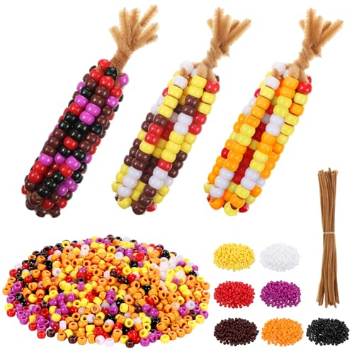 Vicenpal 12 Sets Fallperlen-Pfeifenreiniger, indischer Mais-Bastel, braun, Herbstornament, Basteln, Erntedankfest, Pony-Perlen für DIY-Dekorationen, Bastelzubehör von Vicenpal