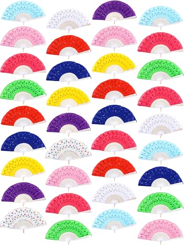 Vicenpal Handfächer mit Pfauenmotiv, Großpackung für Damen, mit 36 Tragetaschen, Paillettenstoff, faltbar, für Sommer, Partyzubehör für Hochzeiten, Tanzen, 36 Stück (hell) von Vicenpal