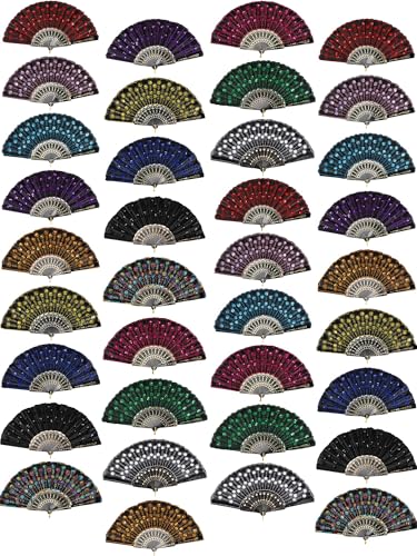 Vicenpal Handfächer mit Pfauenmotiv, Großpackung für Damen, mit 36 Tragetaschen, Paillettenstoff, faltbar, für Sommer, Partyzubehör für Hochzeiten, Tanzen, 36 Stück von Vicenpal
