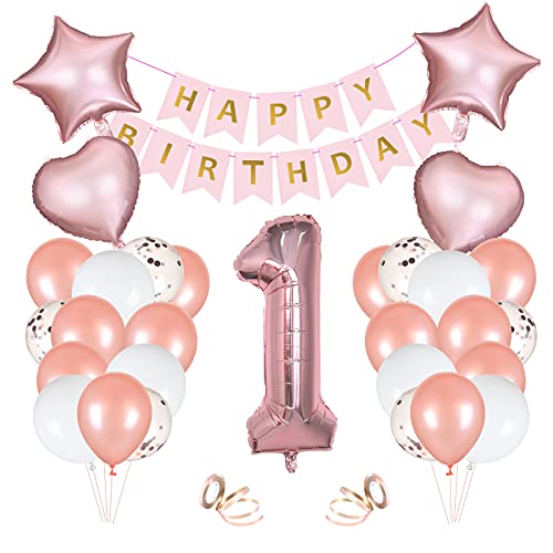 Vicloon 1th Geburtstag Dekorationen, Partydekorationen mit „Happy Birthday" Banner, Nummer„1"/Sterne-/Herzförmig- Folienballon, 6 Paillettenballons, 18 Latexballons und 2 Bandes für Kinder (Roségold) Vicloon 1th Geburtstag Dekorationen, Partydekorationen mit „Happy Birthday" Banner, Nummer„1"/Sterne-/Herzförmig- Folienballon, 6 Paillettenballons, 18 Latexballons und 2 Bandes für Kinder (Roségold) von Vicloon
