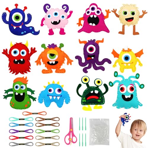 Vicloon 12 Stück Nähset Kinder, Filztiere Nähen Set, Bastelset für ab 6 Jahren und Anfänger, Nähen Kinder Filzset mit Stickgarn Plastiknadeln Füllwatte (Monster) von Vicloon