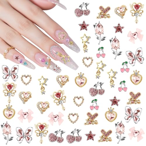 Vicloon 24 Stück Nagel-Charms, Y2k-Legierung Nagelkunst Strass-Charms, 3D Charm Nägel, 3D-Herz, Stern, Schleife mit Strasssteinen, Nail Art, Strass-Charm, für DIY Nageldesign von Vicloon