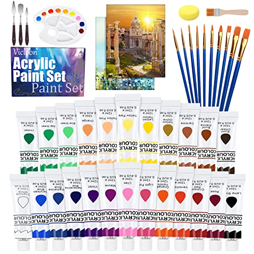 Vicloon 43 PCS Acrylfarben Set, 24 Tube Acrylfarben mit 11Pcs Pinsel, 2Pcs Leinwand, 1Pcs Mischpalette, 3Pcs Palettenmesser, 2Pcs Mal-Schwamm, Acryl Farben Set für Leinwand, Steine,Holz, Stoff Vicloon 43 PCS Acrylfarben Set, 24 Tube Acrylfarben mit 11Pcs Pinsel, 2Pcs Leinwand, 1Pcs Mischpalette, 3Pcs Palettenmesser, 2Pcs Mal-Schwamm, Acryl Farben Set für Leinwand, Steine,Holz, Stoff von Vicloon