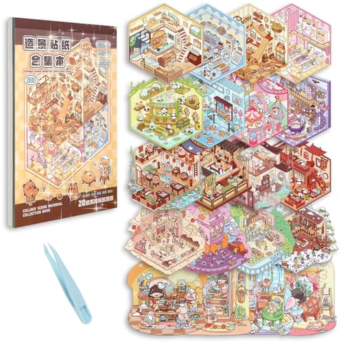 Vicloon 50 Blatt 3D House Stickers, Miniatur Haus Sticker 3D, DIY Haus Aufkleber, Fun DIY - Stickers Scene, Relief Stress für Erwachsene und Kinder,mit 1 Pinzetten von Vicloon