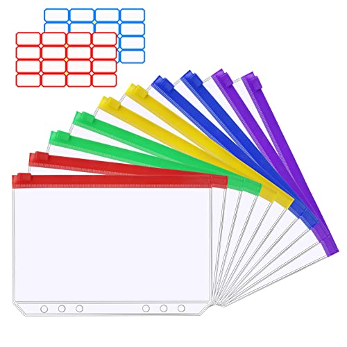 Vicloon 6 Löcher Binder, 10 Stück A5 Binder Taschen,mit 2 Aufkleber Beschriften, Reißverschluss Ordner, Transparente Budget Planner, für Dokumente Notizbücher Ringordner(5 Farben) von Vicloon