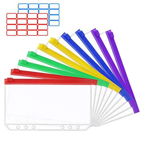 Vicloon 6 Löcher Binder, 10 Stück A6 Binder Taschen,mit 2 Aufkleber Beschriften, Reißverschluss Ordner, Transparente Budget Planner, für Dokumente Notizbücher Ringordner(5 Farben) von Vicloon