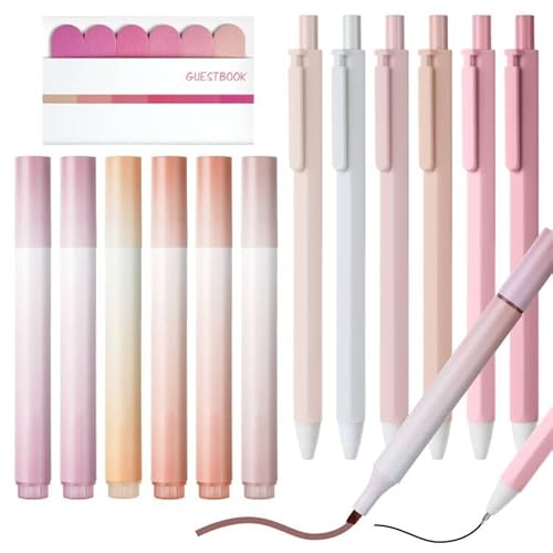 Vicloon 6pcs einziehbare Gel Tintenstifte 6pcs Highlighter Pen 6pcs Sticky Notes School supplies Aesthetic schwarze Tinte glatte Schreibstifte Haftnotizzettel Haftnotizen Markieren Textmarker(Rosa) von Vicloon